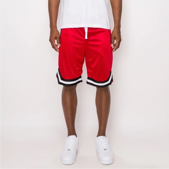 MENS RED STRIPE MESH BASKETBALL SHORTS - Picture 3 of 6